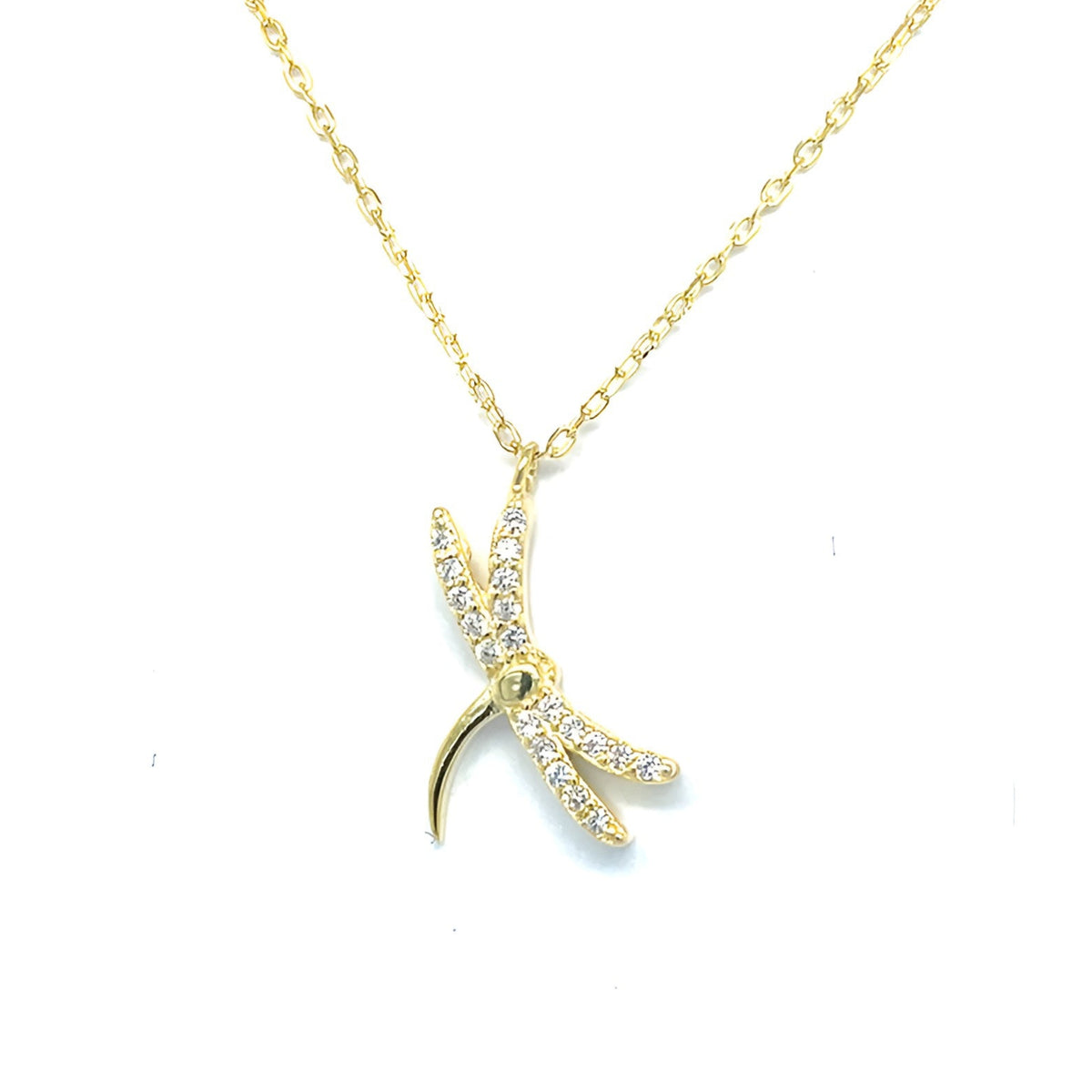 A gold silver 925 chain necklace with a dragonfly pendant adorned with small clear crystals, shown against a plain white background.