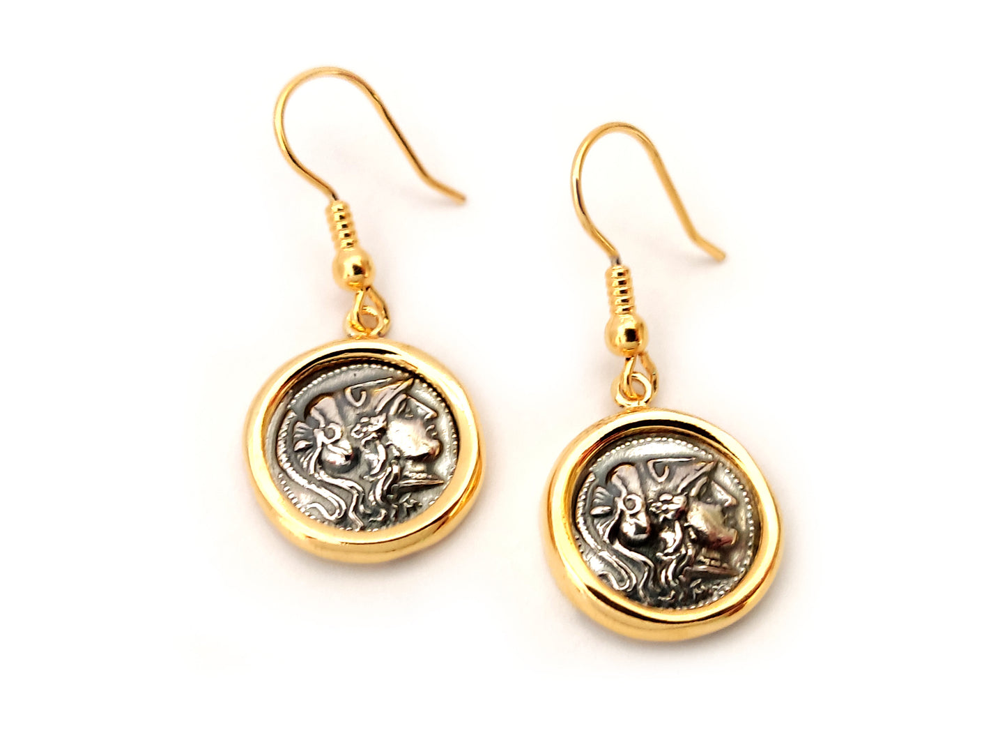 Greek Goddess Athena Silver Gold Plated Earrings 16mm
