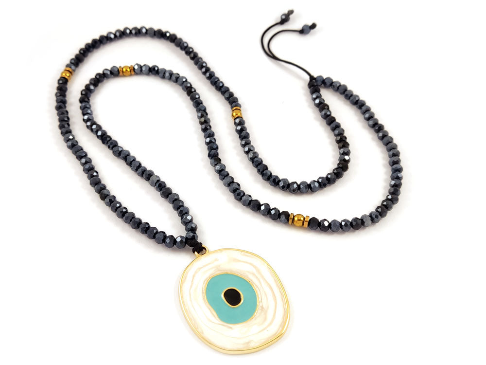 Black Crystal Evil Eye Long Necklace