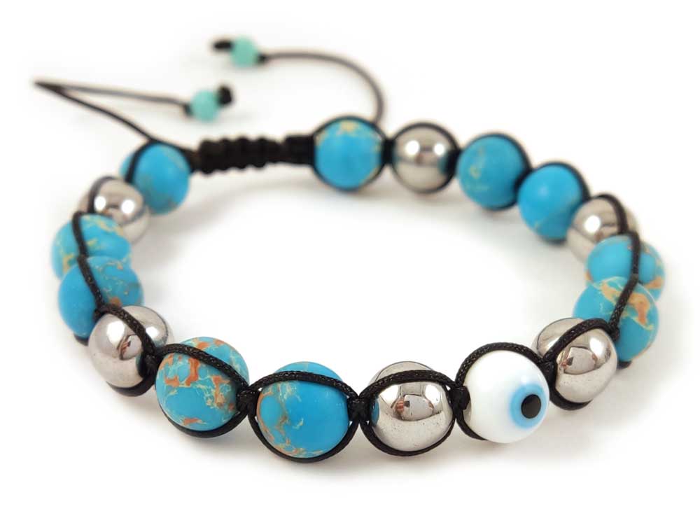 Evil Eye Blue Agate Hematite Greek Bracelet