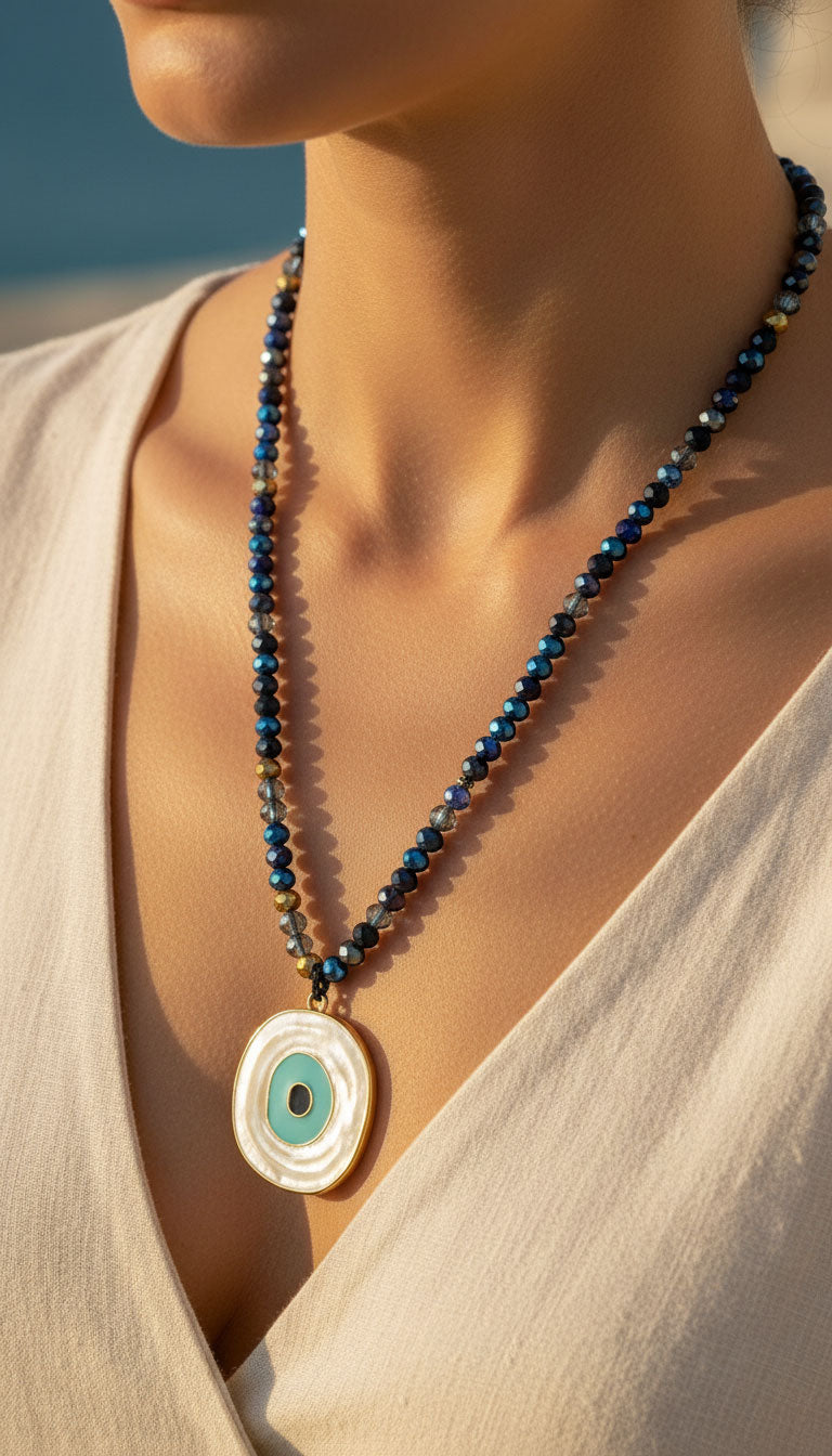Evil Eye Necklace Dark Blue Gold Crystals 6mm
