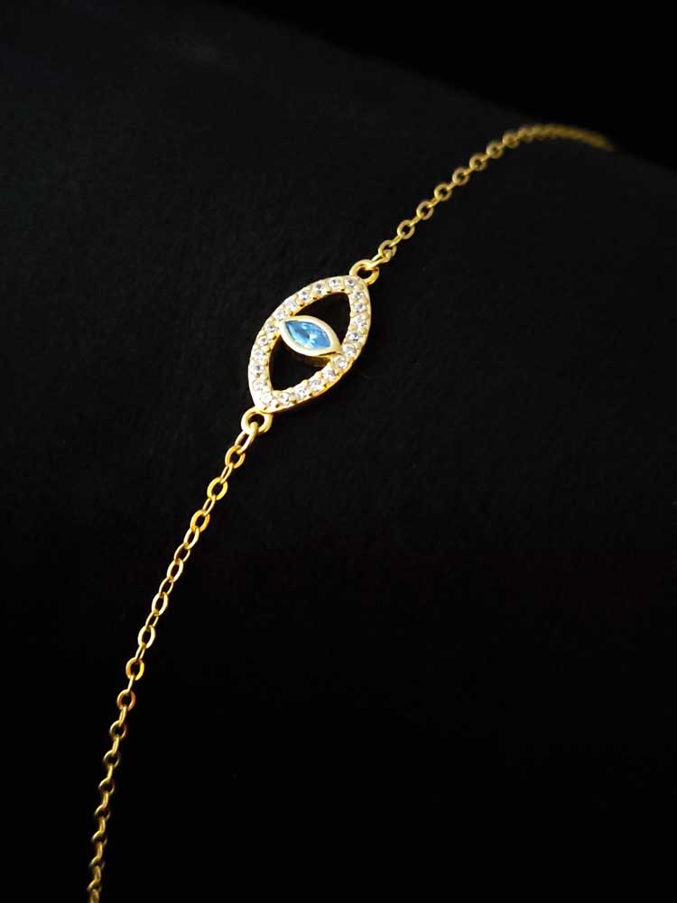 Adjustable 16-19 cm Evil Eye bracelet with 7mm width, white and aqua crystals, Greek craftsmanship