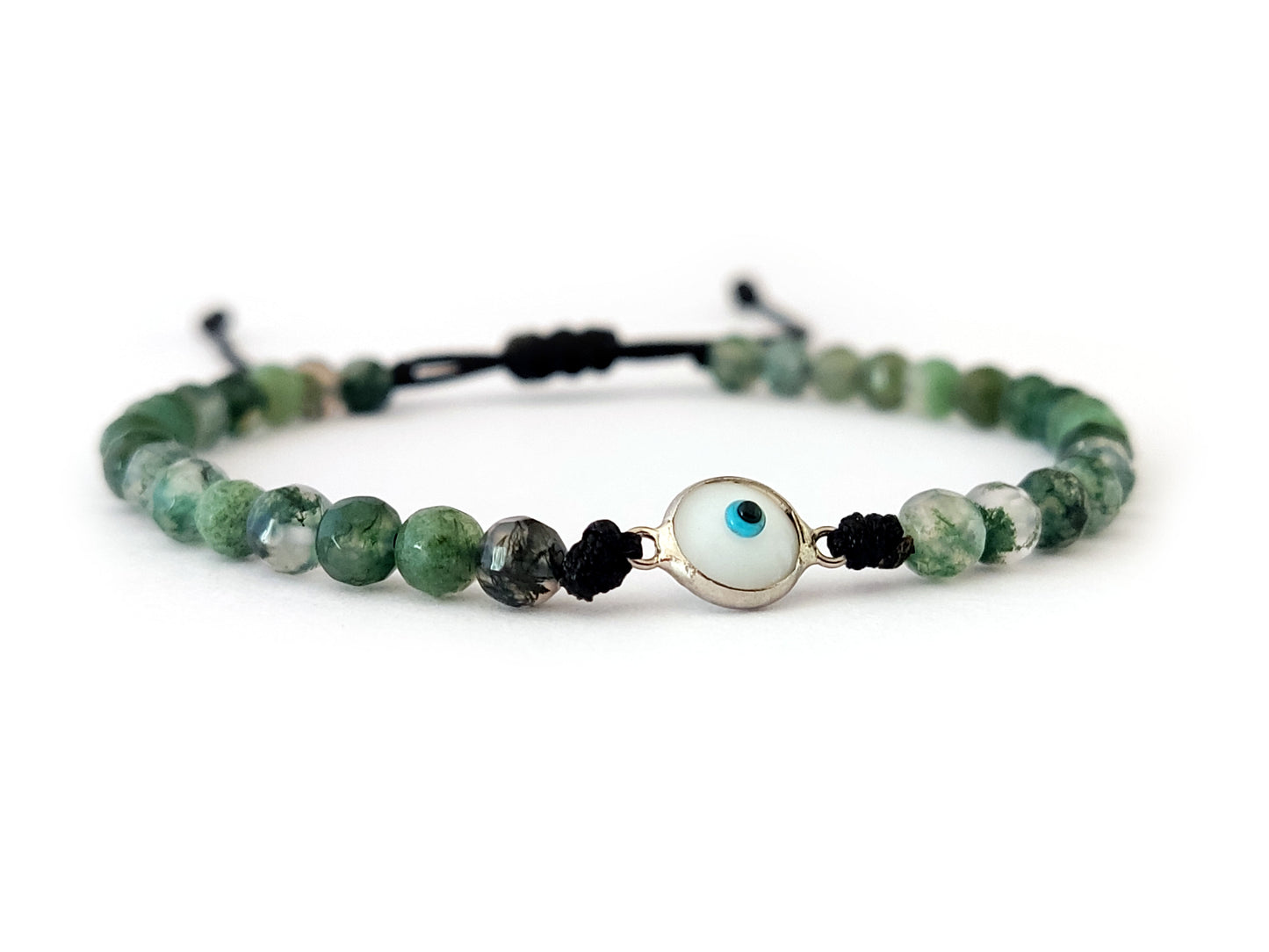 Silbernes Evil Eye-Armband mit natürlichen grünen Achatsteinen 