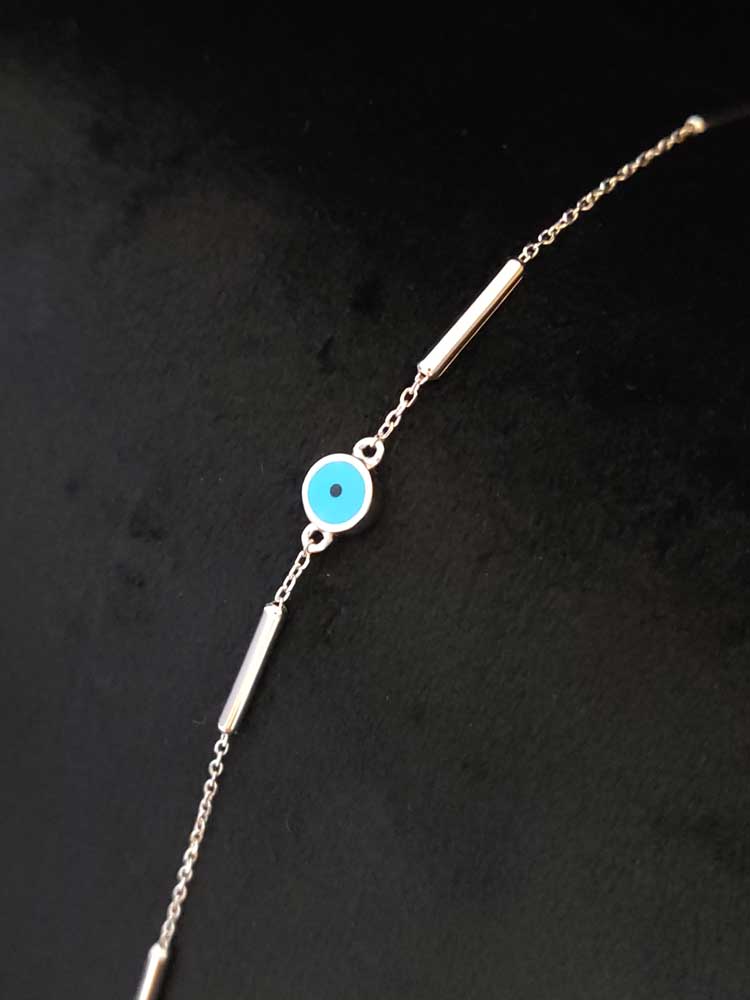 Adjustable Sterling Silver Nazar protection bracelet with bar chain accents