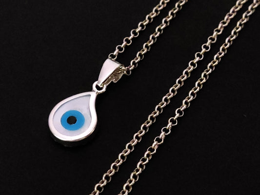 Close-up view of Sterling Silver 925 Greek Evil Eye Drop Shape Pendant 9x12mm Necklace - Protective and Elegant Jewelry.
