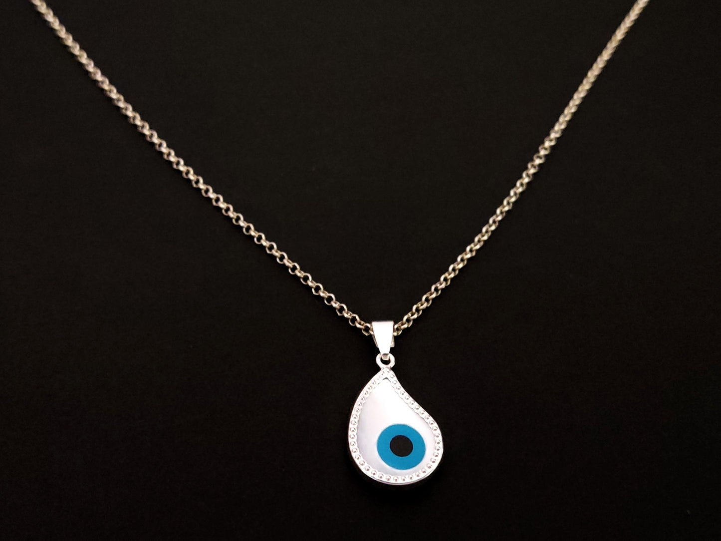 Griechische Silber-Perlmutt-Tropfen-Evil-Eye-Halskette mit 12 x 17 mm Kettenanhänger