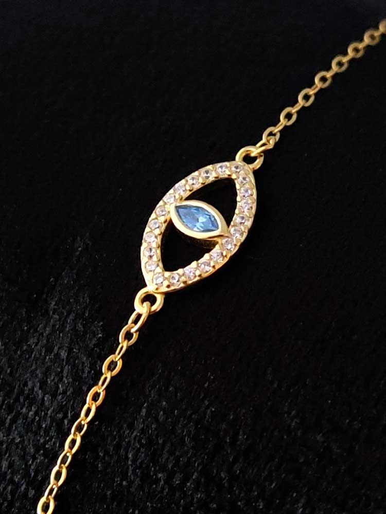 Gold-plated Sterling Silver 925 Evil Eye Bracelet with white and aqua crystals, adjustable length
