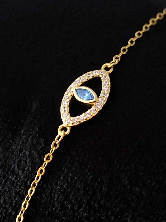 Gold-plated Sterling Silver 925 Evil Eye Bracelet with white and aqua crystals, adjustable length