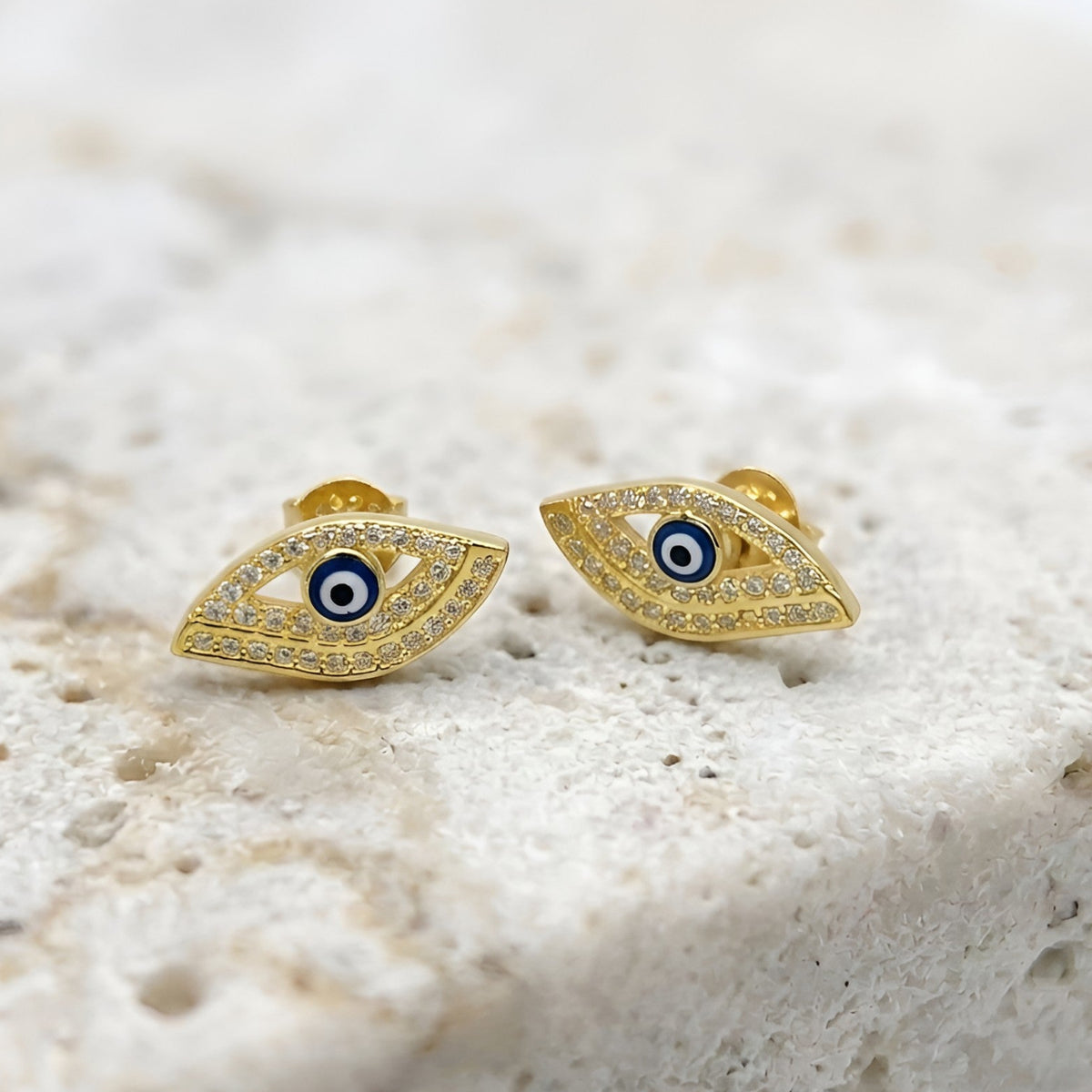 Sterling silver 925 gold plated evil eye stud earrings with cubic zirconia

