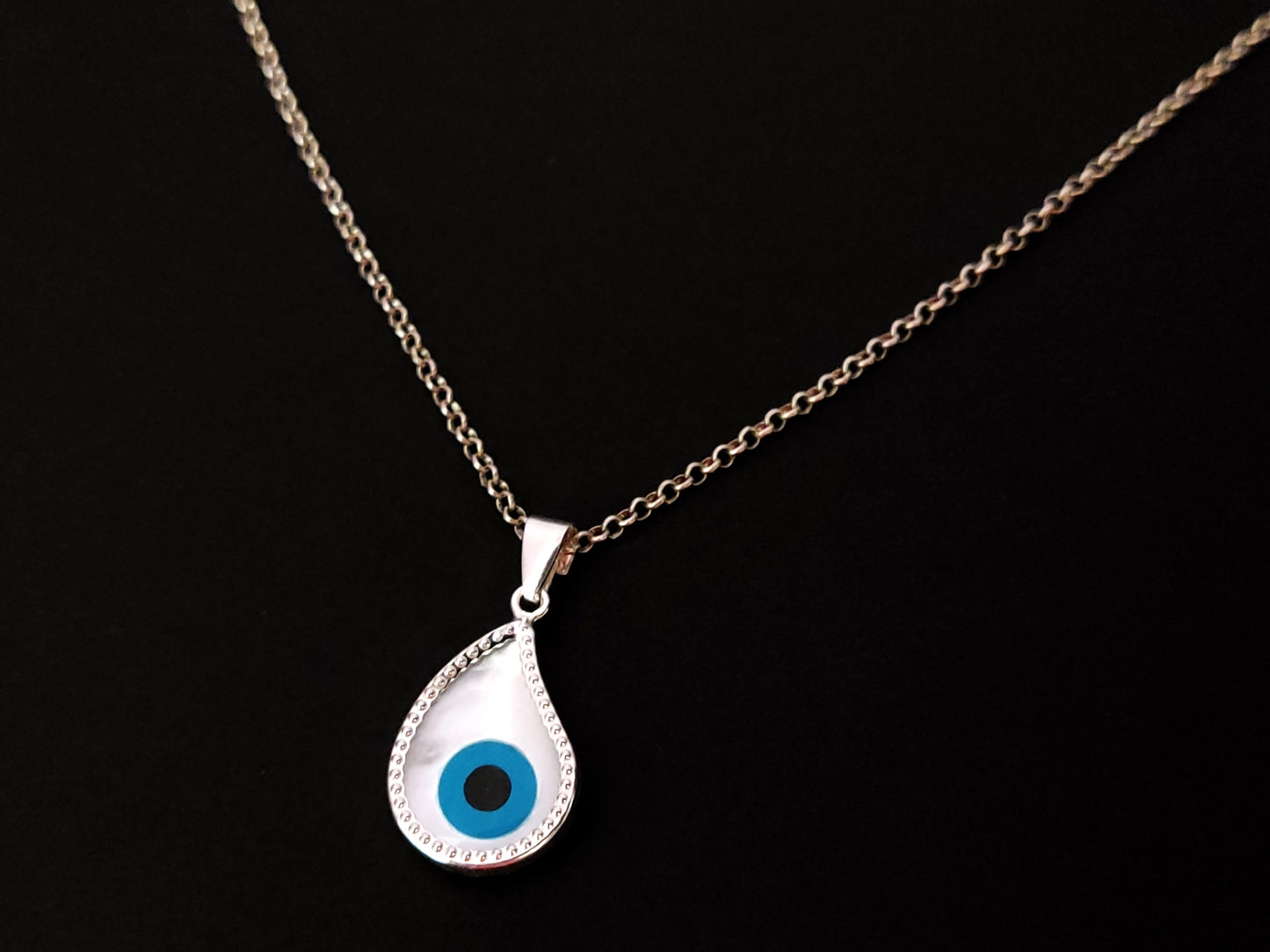 Greek Silver Mother Of Pearl Drop Evil Eye 12x17mm Chain Pendant Necklace