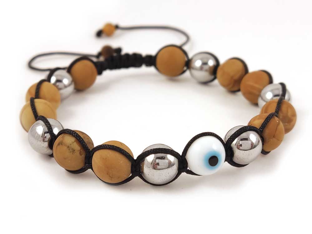 Handcrafted Greek braceletwith natural brown jasper and hematite stones of 8mm and adjustable length.