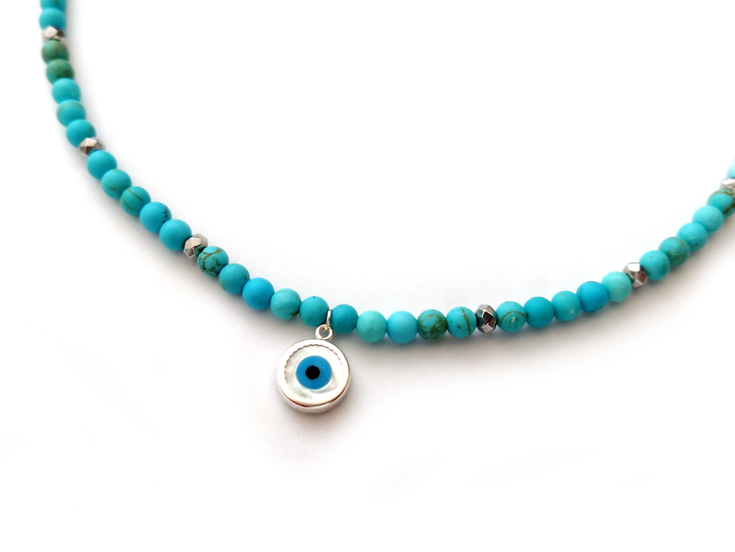 Greek Evil Eye Turquoise Silver Necklace