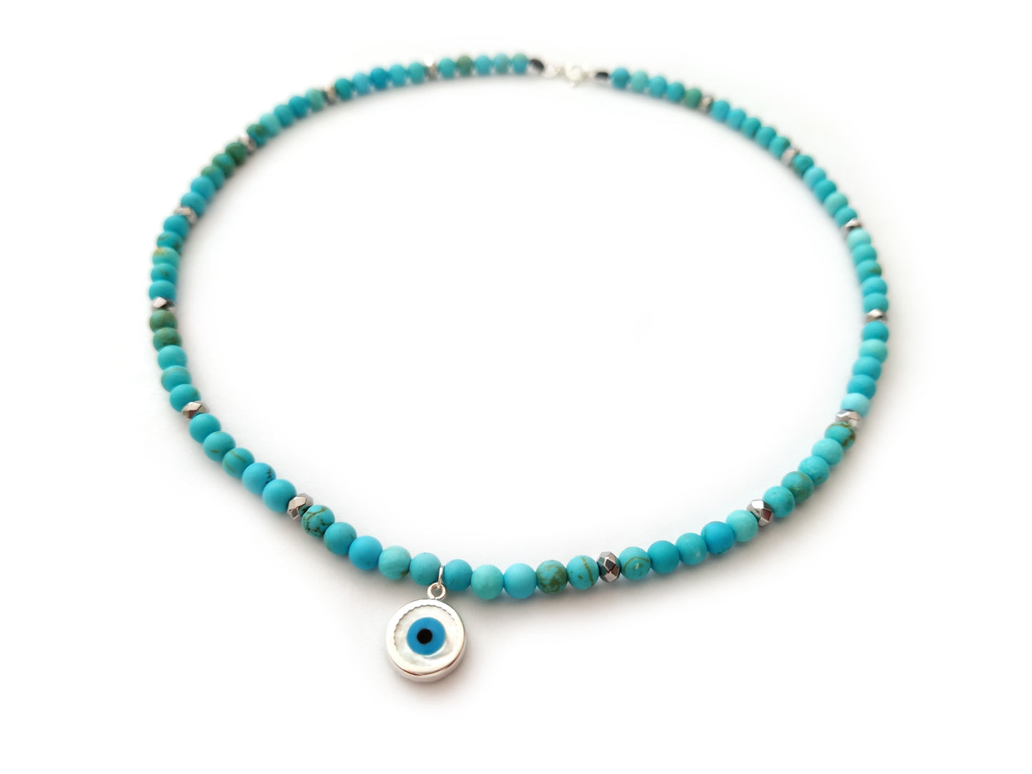Handmade Natural Turquoise Stone Necklace with 4mm beads and Sterling Silver Evil Eye pendant measuring 10mm (0.39 inches), Made In Greece. Free Shipping.