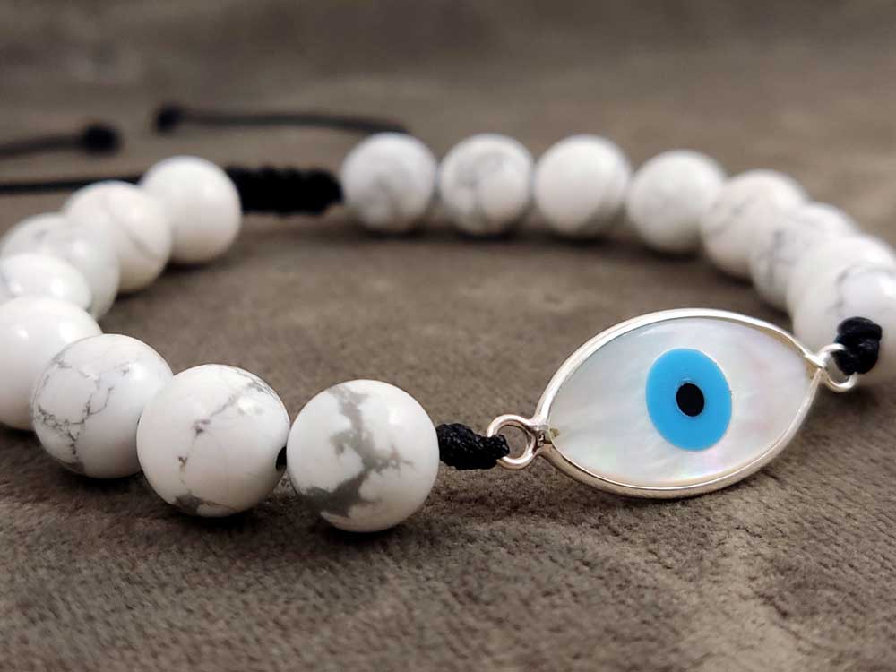 Sterling Silver 925 Evil Eye Mother Of Pearl And Natural Howlite Stones 8mm