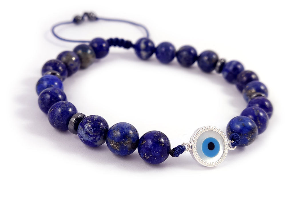 Sterling Silber 925 Evil Eye Mutterperle - natürlicher Lapislazuli A' Blue Stones 8mm, Silber Evil Eye Männer Frauen Armband, Evil Eye Armband