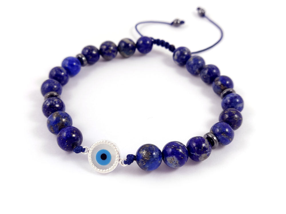 Sterling Silver 925 Evil Eye Mother Pearl - Natural Lapis Lazuli A'  Blue Stones 8mm , Silver Evil Eye Men Women Bracelet, Evil Eye Bracelet