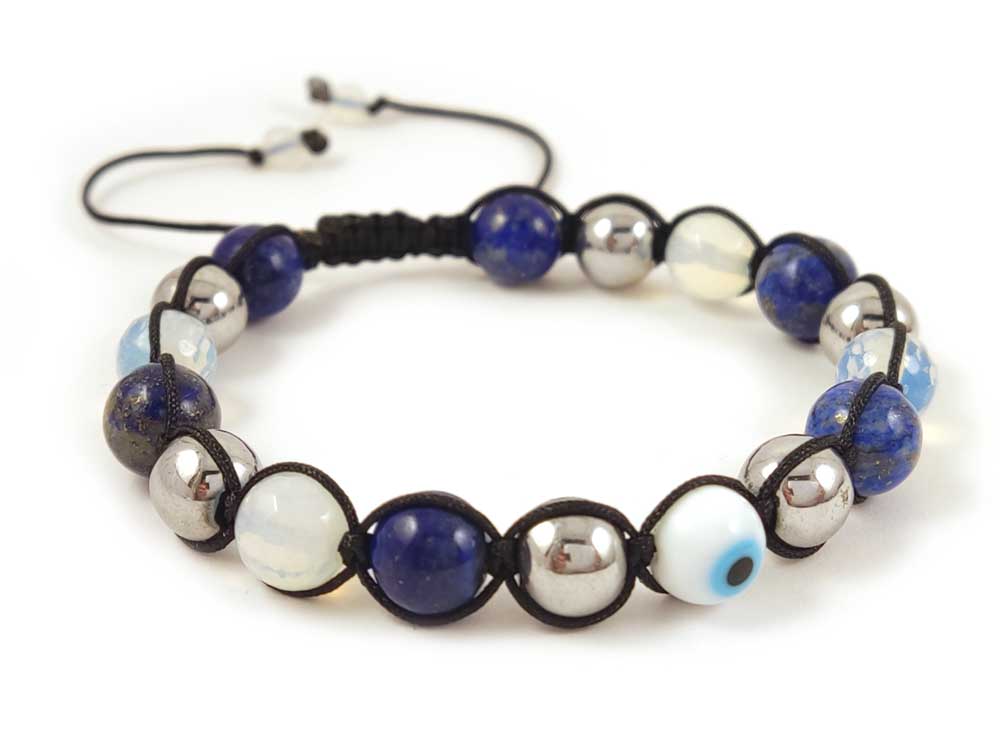 Handmade Greek evil eye bracelet with lapis , moonstone and hematite stones measuring 8mm.