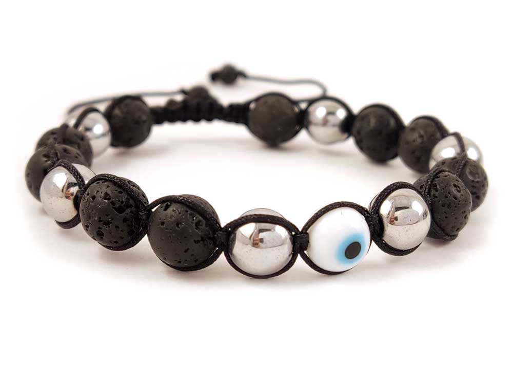 Handcrafted Greek evil eye lava and hematite stones bracelet