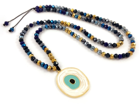 Evil Eye Necklace Dark Blue Gold Crystals 6mm
