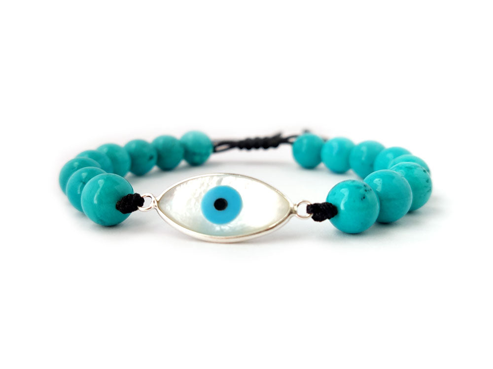 Sterling Silver 925 Evil Eye Mother Of Pearl And Natural Turquoise Stones 8mm