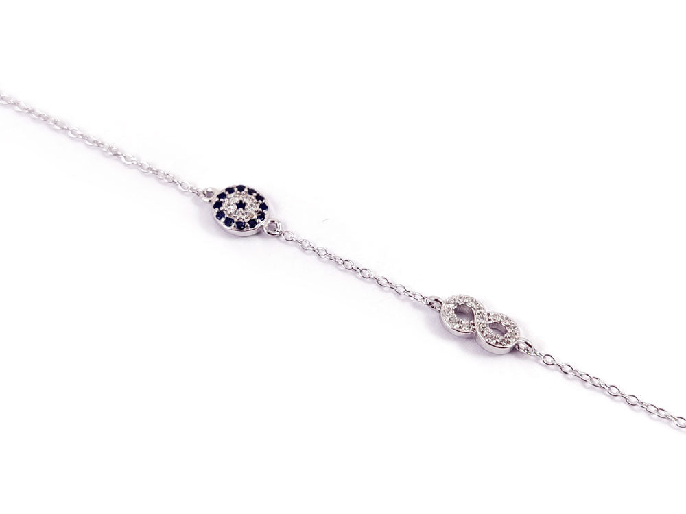 Side view of 925 Sterling Silver Evil Eye Infinity Bracelet with 1 mm chain and 5 mm design width.
