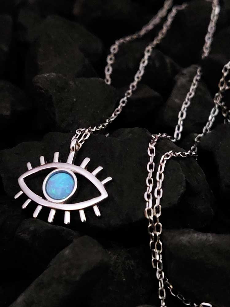 Evil Eye Blue Opal Silver Chain Necklace 15x10mm