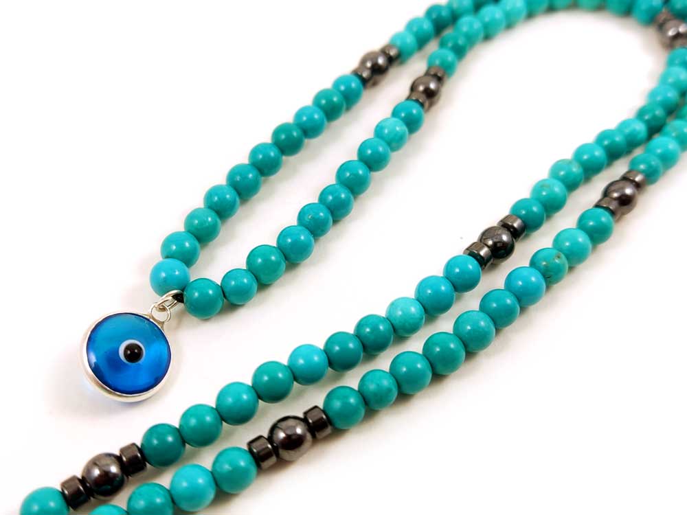 Handmade Evil Eye Mati Nazar Protection Turquoise Greek Silver Necklace