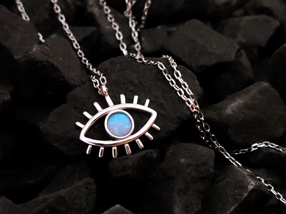 Evil Eye Blue Opal Silver Chain Necklace 15x10mm