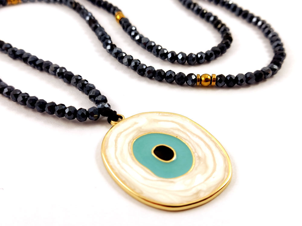 Black Crystal Evil Eye Long Necklace
