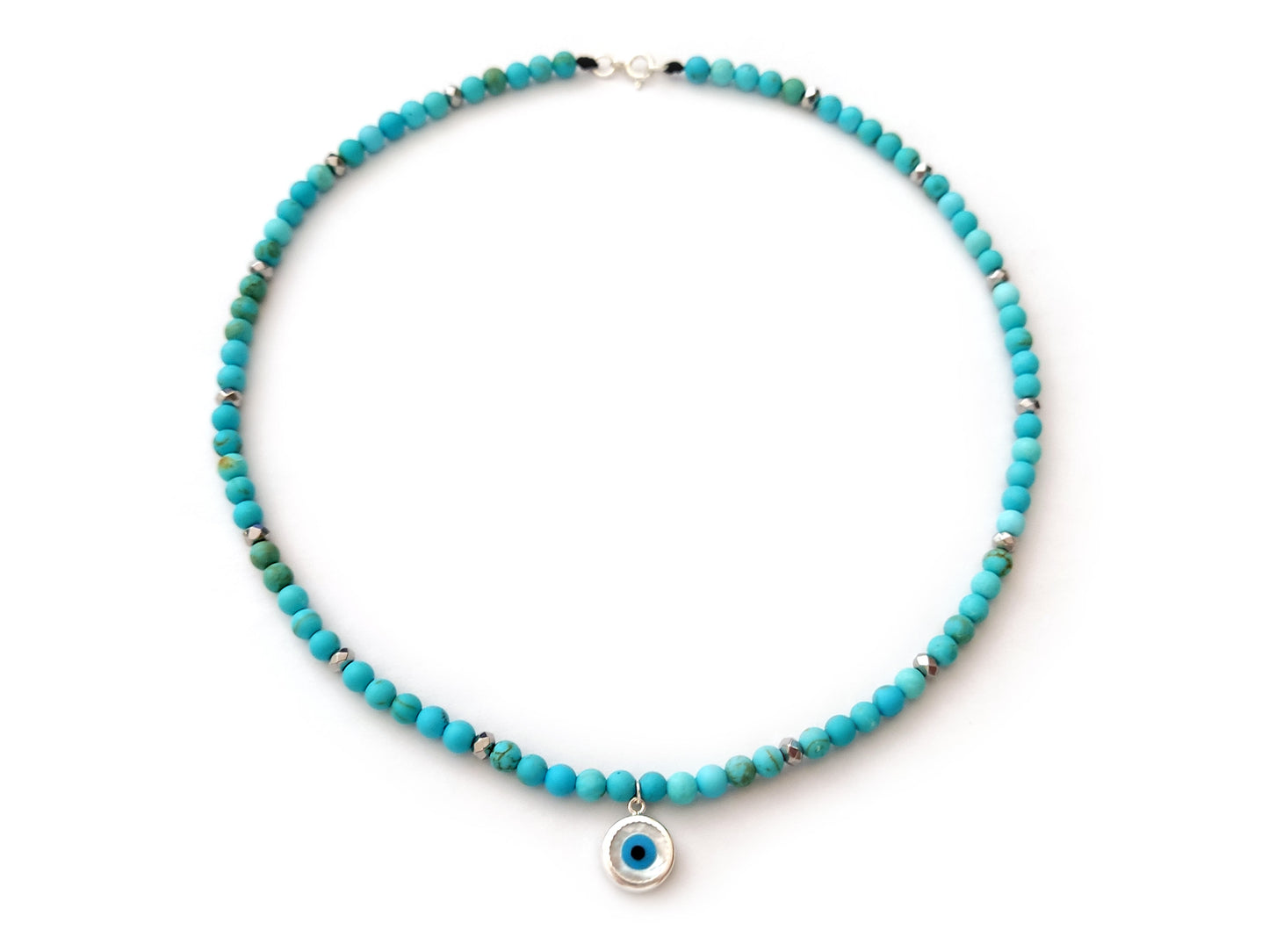 Greek Evil Eye Turquoise Silver Necklace