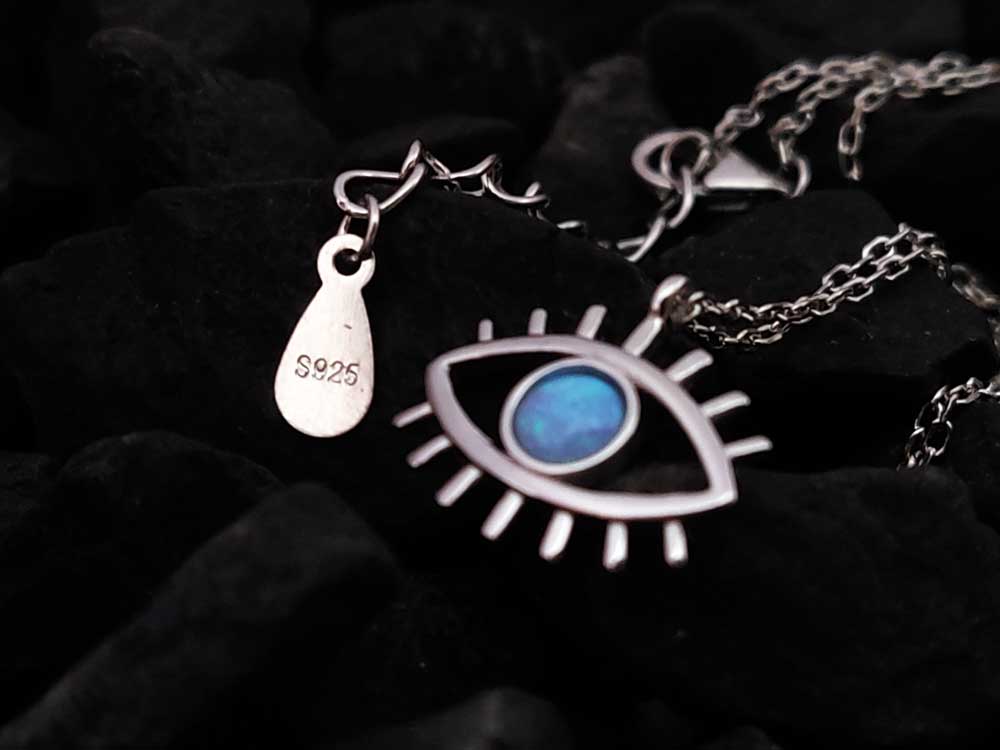 Evil Eye Blue Opal Silver Chain Necklace 15x10mm