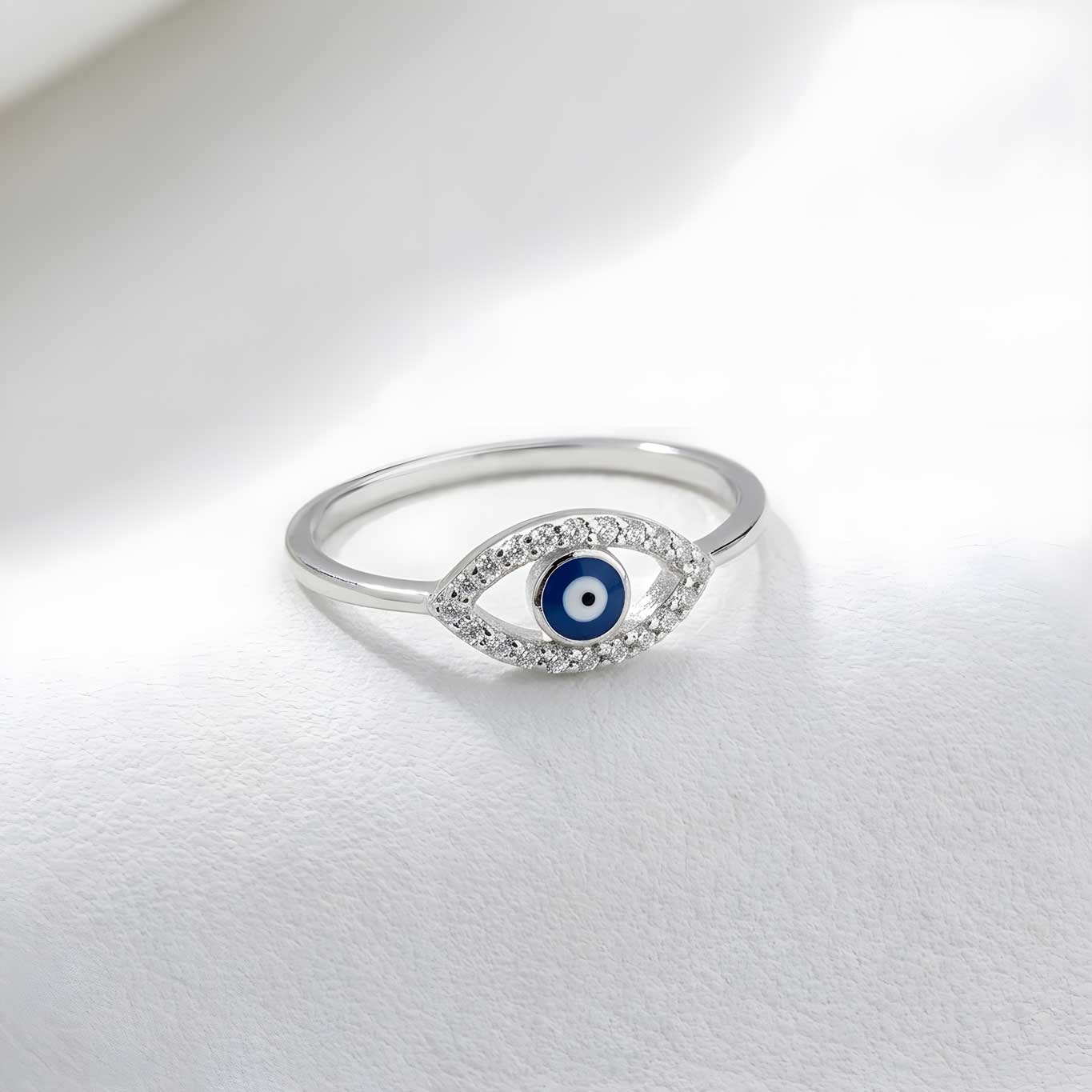 sterling silver blue evil eye ring close up