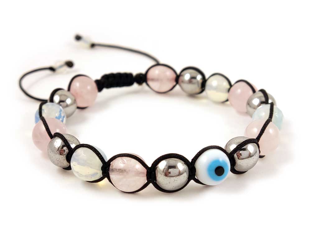 Evil Eye Rose Quartz Moonstone Hematite Greek Bracelet