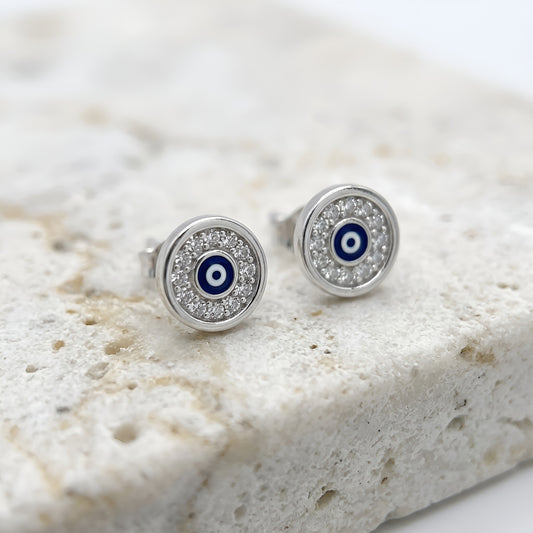 Sterling Silver 925 Dark Blue Evil Eye Cubic Zirconia Stud Earrings