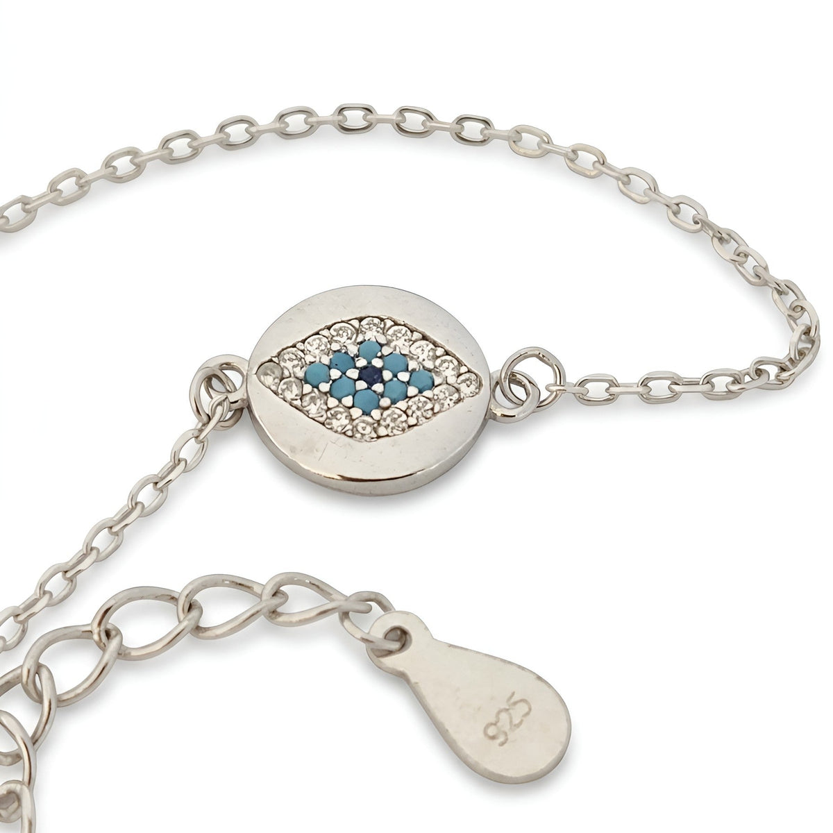 Evil Eye cubic zirconia silver chain bracelet close up
