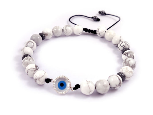 Sterling Silver 925 Evil Eye And White Howlite Natural Stones Bracelet From Greece.