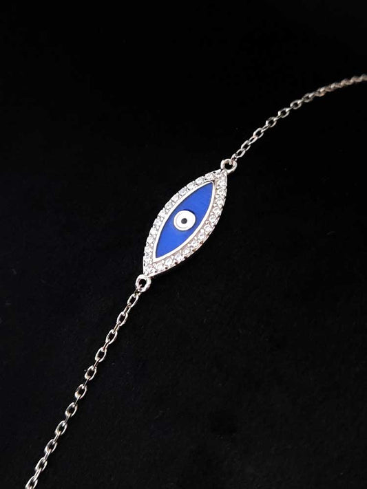 Sterling Silver 925 Evil Eye Nazar Bracelet with Dark Blue Enamel and White Crystals, Adjustable 16-19 cm