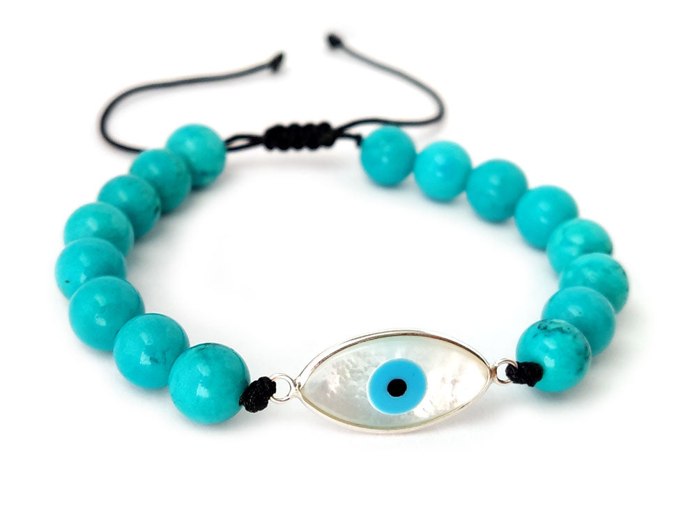 Sterling Silver 925 Evil Eye Mother Of Pearl And Natural Turquoise Stones 8mm