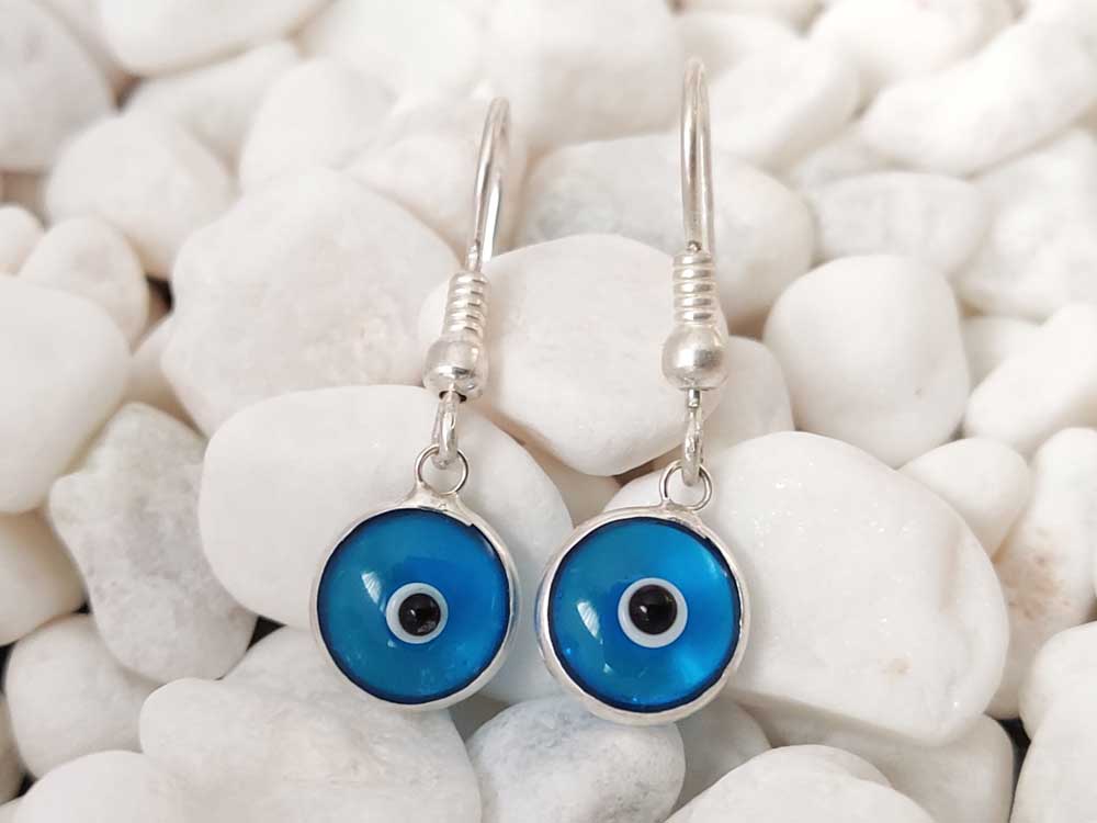 Evil Eye Nazar Mati Turquoise Blue Greek Silver Dangle Earrings 10mm