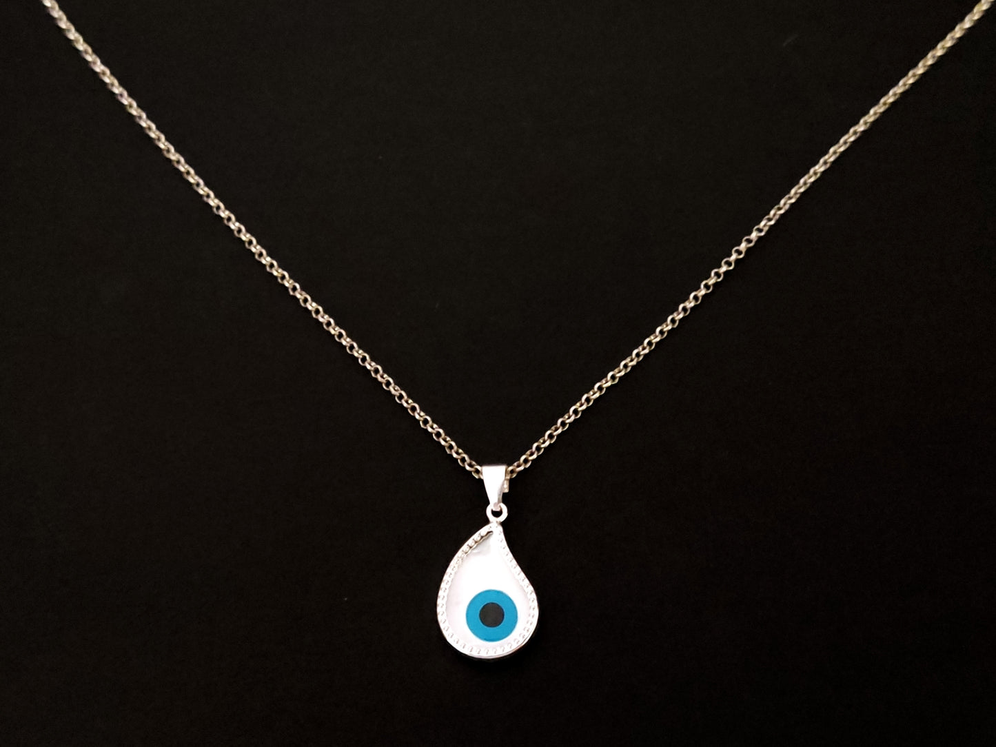 Greek Silver Mother Of Pearl Drop Evil Eye 12x17mm Chain Pendant Necklace