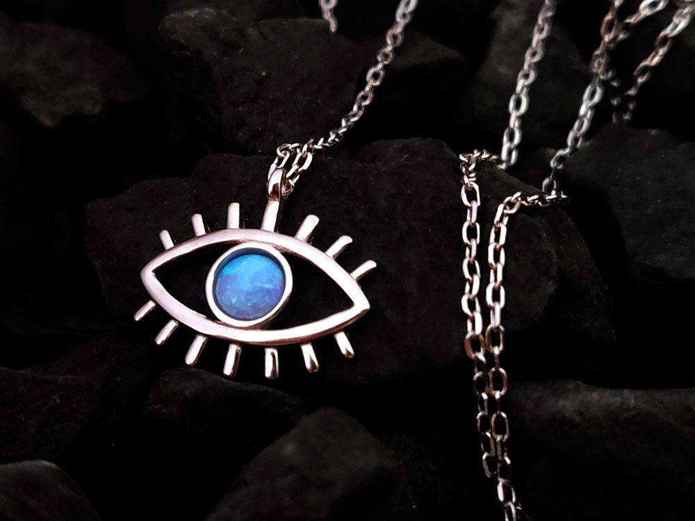 Evil Eye Blue Opal Silver Chain Necklace 15x10mm