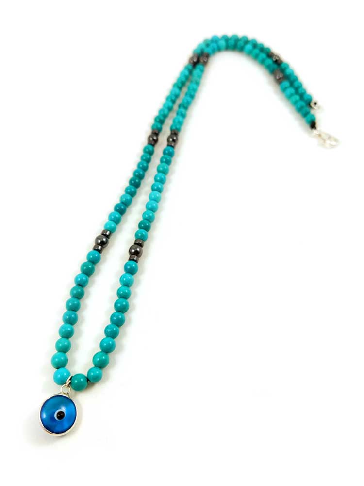 Handmade Evil Eye Mati Nazar Protection Turquoise Greek Silver Necklace