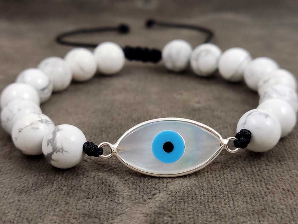 Sterling Silver 925 Evil Eye Mother Of Pearl And Natural Howlite Stones 8mm