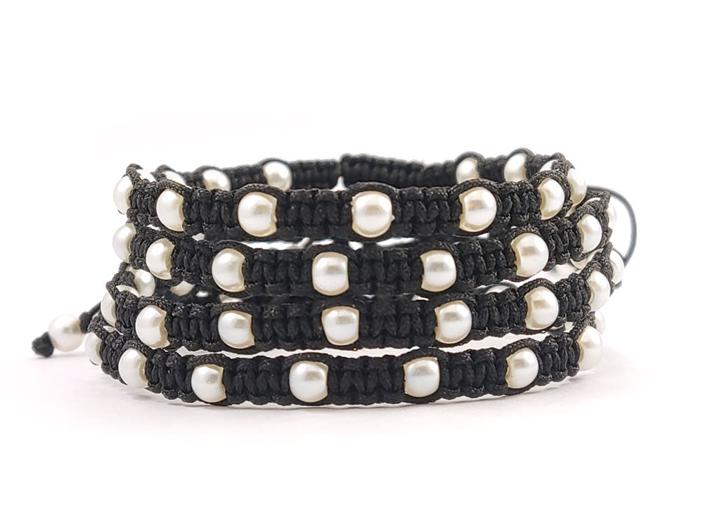 Handmade black cord Shamballa bracelet with freshwater pearls