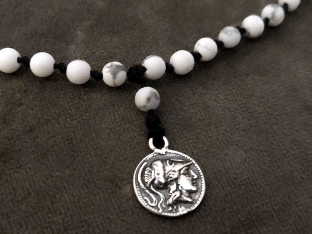 Sterling Silver Necklace with Goddess Athena Pendant and Natural Howlite Stones"