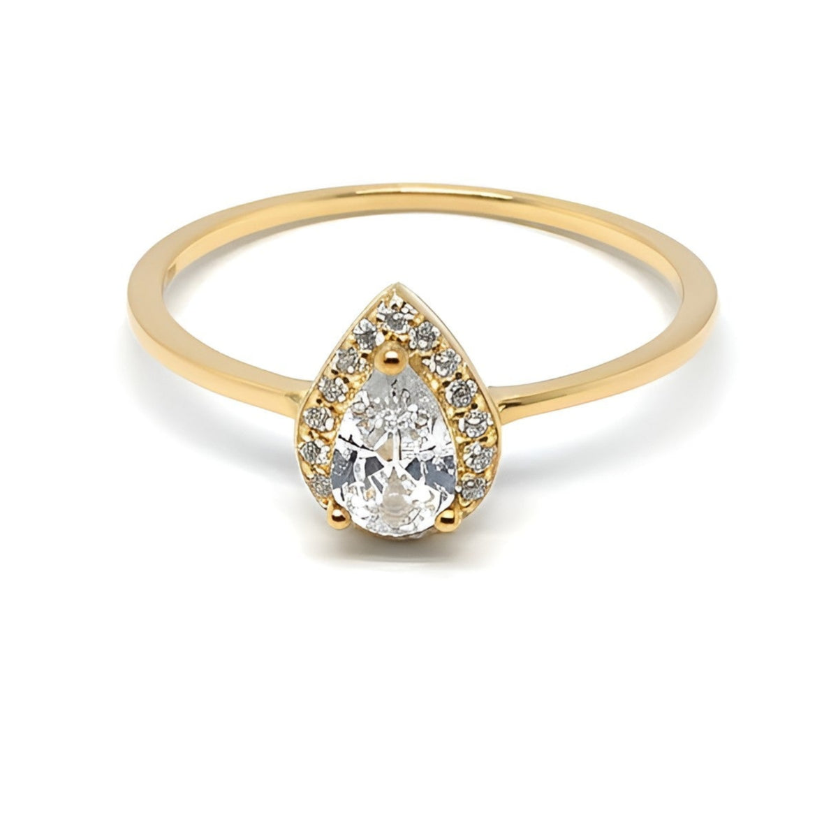 A gold ring featuring a pear-cut clear gemstone surrounded by a halo of small round stones, set on a slim gold band, shown against a plain white background.