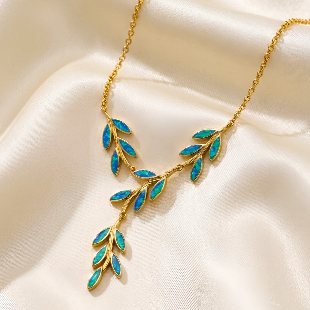 Sterling Silver 925 goldplated blue opal leaves Greek necklace 