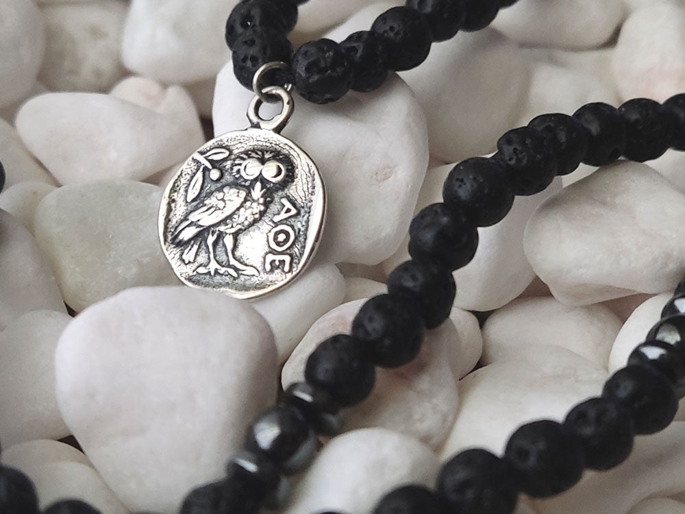 Greek necklace made with volcanic lava stones 4mm and sterling silver 925 pendant depicting a tetradrachm Greek coin with the owl and goddess Athena measuring 13mm. Free shipping included.