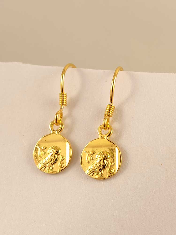 Small gold plated Greek silver coin earrings with goddess athena and the owl measuring 10mm in diameter.