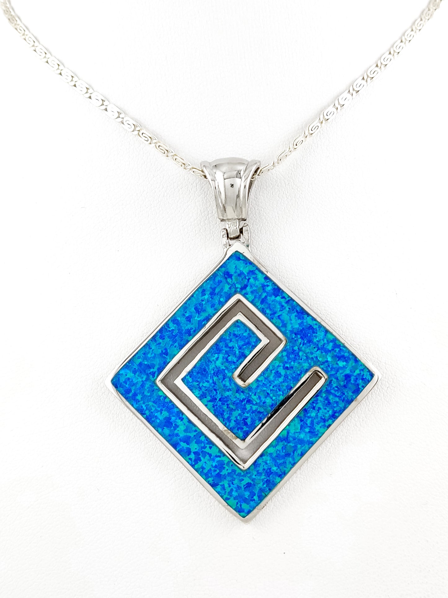 Greek Key Blue Opal Big Square Silver Pendant Necklace